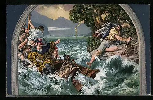 Künstler-AK Tells Sprung, Wandgemälde in der Tellskapelle am Vierwaldstättersee