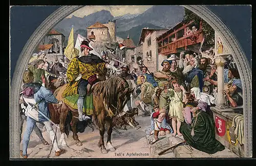 Künstler-AK Tells Apfelschuss, Wandgemälde von Stückelberg in der Tellskapelle am Vierwaldstättersee