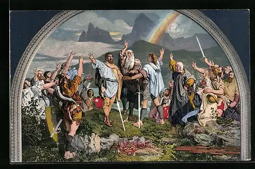 Künstler-AK Der Rütlischwur, Wandgemälde von Stückelberg in der Tellskapelle am Vierwaldstättersee