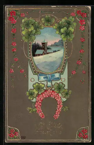 Präge-AK Ortspartie im Winter mit Hufeisen aus Blumen und Kleeblättern, Neujahrsgruss, Passepartout