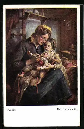 Künstler-AK Thomas Riss: Der Stammhalter, Frau füttert Kleinkind