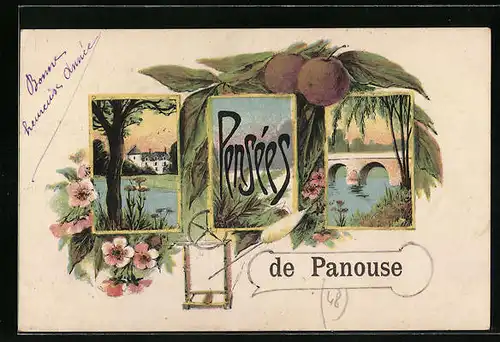 Künstler-AK Panouse, Seepartien mit Haus und Brücke, Äpfel
