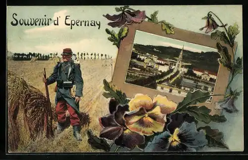 Passepartout-AK Épernay, Ortsansicht von Blumen umrahmt, Soldat auf Weizenfeld