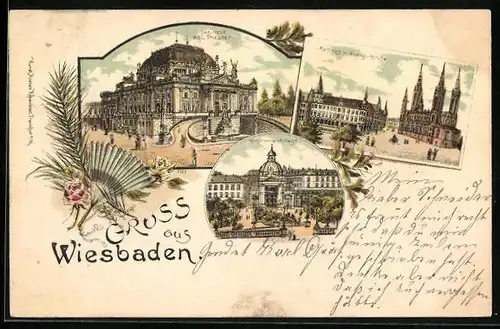 Lithographie Wiesbaden, Kochbrunnen-Anlagen, Kgl. Theater