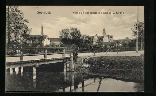 AK Dobrilugk, Partie an der Elster mit Schloss und Kirche
