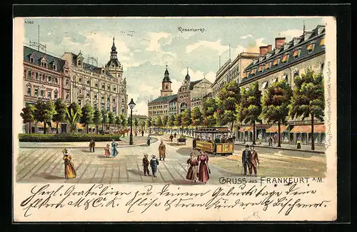 Lithographie Frankfurt a. M., Strassenbahn auf dem Rossmarkt