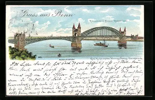 Lithographie Bonn, Panorama der Rheinbrücke