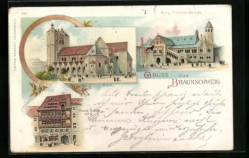 Lithographie Braunschweig, Haus Sack No. 5, Burg Dankwarderode