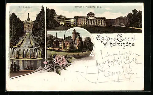 Lithographie Cassel-Wilhelmshöhe, Cascaden, Schloss, Löwenburg