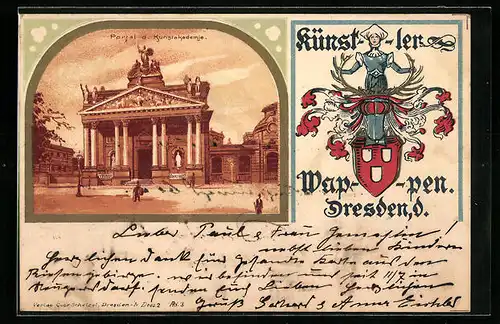 Lithographie Dresden, Portal der Kunstakademie, Wappen