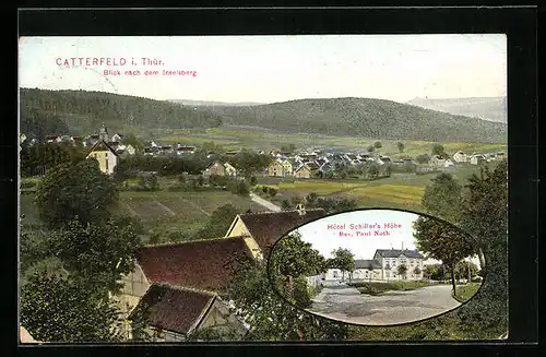 AK Catterfeld i. Thür., Hotel Schillers Höhe, Blick nach dem Inselsberg