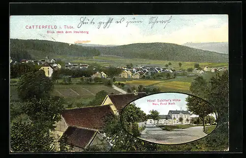 AK Catterfeld i. Thür., Hotel Schillers Höhe, Blick zum Inselsberg