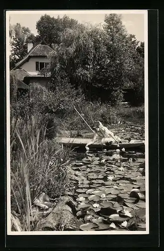 AK Lehde /Spreewald, Café Venedig mit Spreewaldmädchen im Kahn