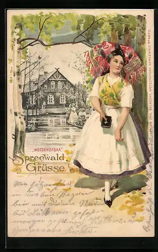 Passepartout-Lithographie Wotschofska, Ortspartie mit Frauen in Tracht und Spreewaldkahn