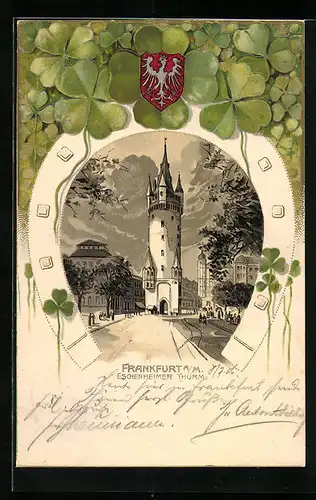 Passepartout-Lithographie Frankfurt a. M., Eschenheimer Turm mit Strassenpartie und Wappen