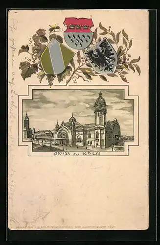 Passepartout-Lithographie Köln, Hauptbahnhof mit Vorplatz und Wappen