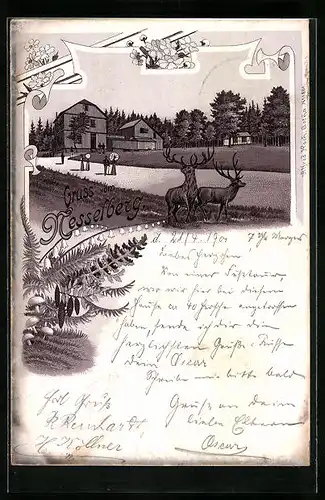 Lithographie Nesselberg, Ortspartie mit Hirschen