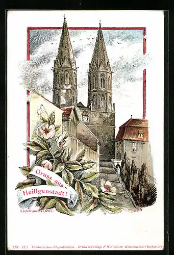 Lithographie Heiligenstadt, Ortspartie mit Kirche
