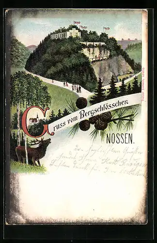 Lithographie Nossen, Bergschlösschen mit Hirsch