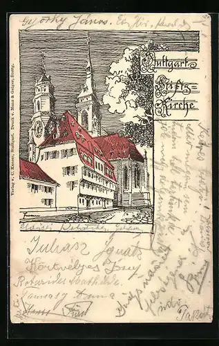 AK Stuttgart, Stiftskirche mit Strassenpartie