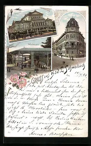 Lithographie Bad Schwalbach, Kursaal, Victoria-Hotel, Weinbrunnen