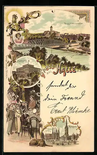 Lithographie Halle a. S., Burg Glebichenstein, Universität, Marktplatz