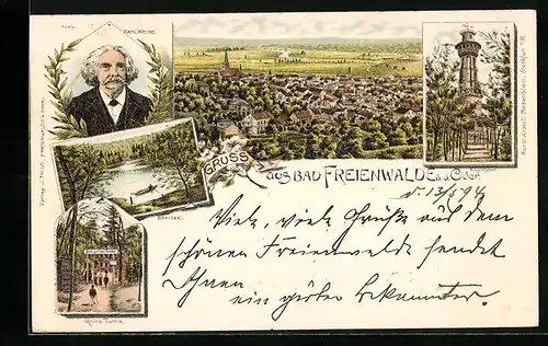 Vorläufer-Lithographie Bad Freienwalde a. d. Oder, 1894, Ortsansicht, Aussichtsturm, Porträt von Karl Weise