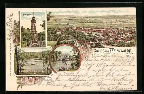 Lithographie Freienwalde a. d. Oder, Ortsansicht, Aussichtsturm, Papenmühle