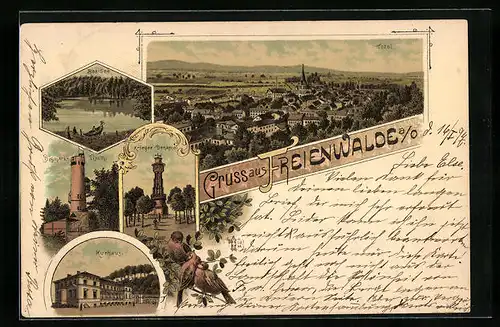 Lithographie Freienwalde a. O., Ortsansicht, Baa-See, Krieger-Denkmal