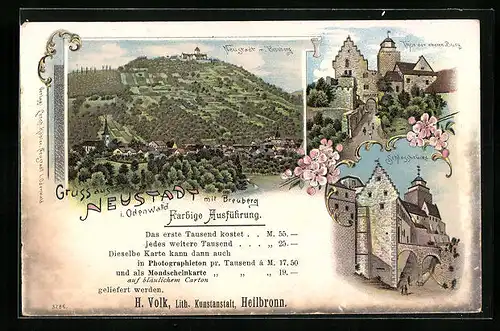 Lithographie Neustadt i. Odenwald, Ansicht mit Breuberg, Tor der oberen Burg, Schlossbrücke