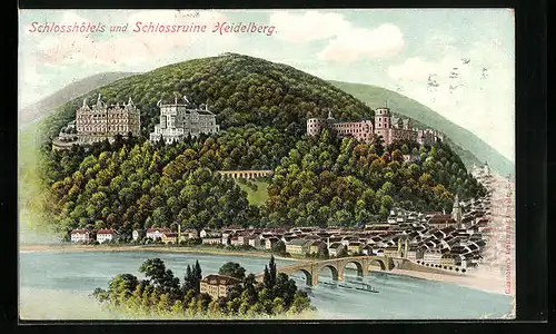 Künstler-AK Heidelberg, Schlosshotels und Schlossruine