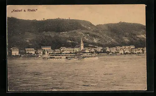 AK Kestert a. Rhein, Uferpartie mit Kirche