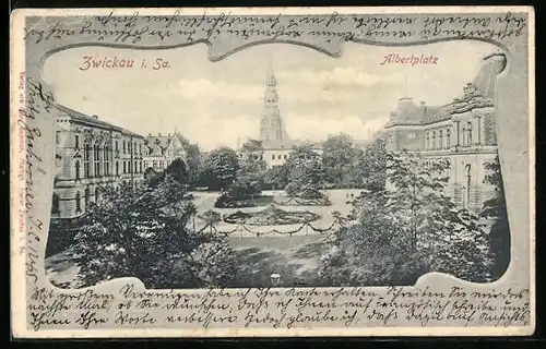 Passepartout-AK Zwickau /Sa., Albertplatz mit Blick auf Kirche