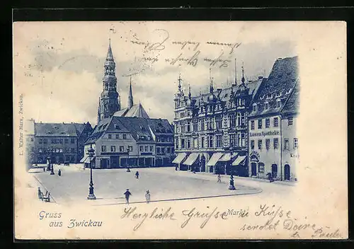 AK Zwickau /Sa., Marktplatz mit Löwen-Apotheke und Kirche