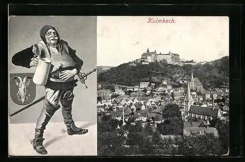 Künstler-AK Kulmbach, Gesamtansicht, Landsknecht mit Bierkrug