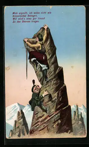 Künstler-AK Bergsteiger beim Erklimmen eines Gipfels