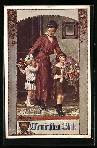 Künstler-AK Franz Kuderna: Deutscher Schulverein Nr. 827: Wir wünschen Glück, Dame mit Kindern