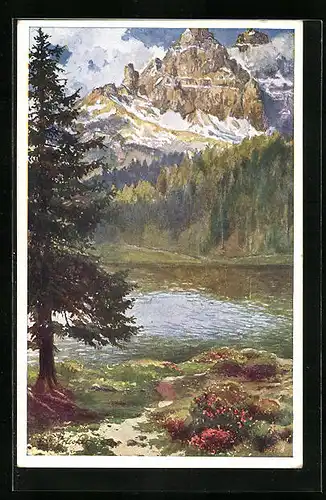 Künstler-AK E.F. Hofecker: AK Deutscher Schulverein Nr. 407: Misurinasee mit den drei Zinnen