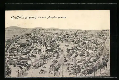Künstler-AK Gross-Enzersdorf, Fliegeraufnahme der Ortschaft
