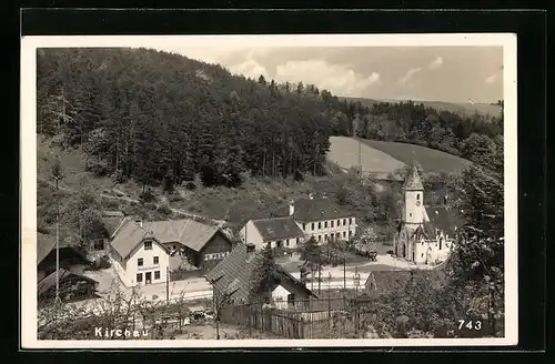 AK Kirchau, Ortspartie mit Gasthof aus der Vogelschau