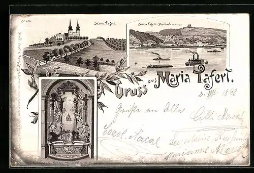 Lithographie Marbach a. D., Wallfahrtskirche Maria Taferl mit Gnadenaltar und Donaudampfern