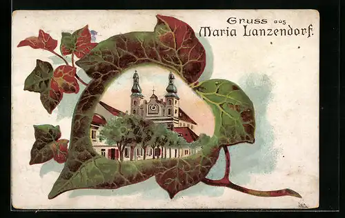 Passepartout-Lithographie Maria Lanzendorf, Blick zur Wallfahrtskirche