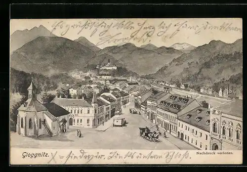 Künstler-AK Gloggnitz, Ortspartie aus der Vogelschau