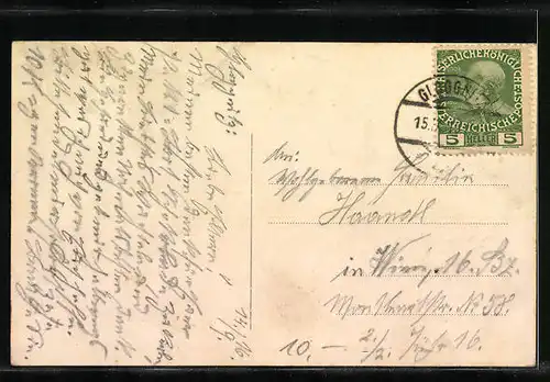 Künstler-AK Gloggnitz, Ortspartie aus der Vogelschau