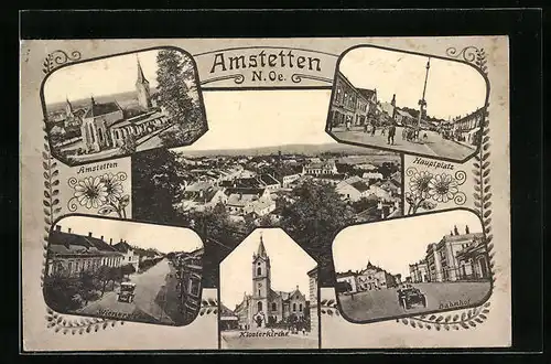 AK Amstetten, Hauptplatz, Klosterkirche, Wienerstrasse und Bahnhof