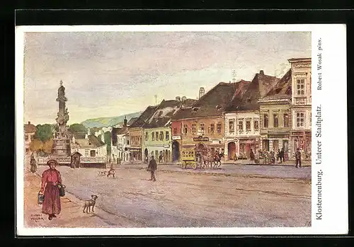 Künstler-AK Klosterneuburg, Unterer Stadtplatz mit Denkmal