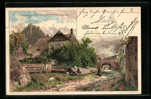 Lithographie Dürnstein a. d. Donau, Ortspartie mit Tor