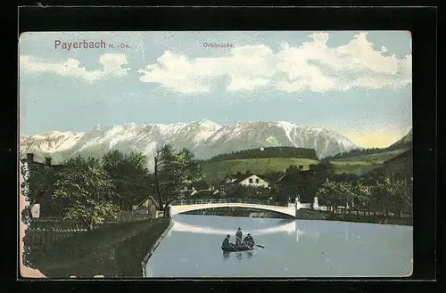 AK Payerbach, Uferpartie mit Ortsbrücke und Boot