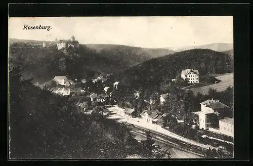 AK Rosenburg, Ortsansicht aus der Vogelschau mit Burg
