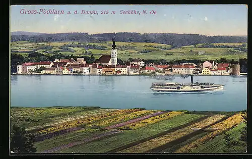 AK Gross-Pöchlarn /Donau, Ortsansicht mit Donau und Feldern